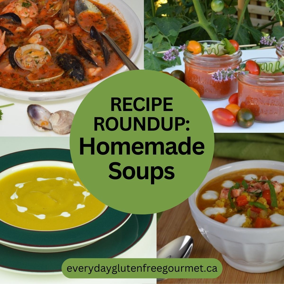 Four homemade soups: Italian seafood soup, gazpacho, butternut squash and red lentil soup.