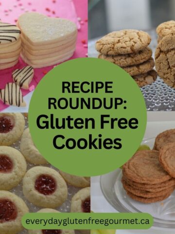 Four Gluten Free Cookies; sugar cookies, molasses ginger cookies, thumbprint cookies and snickerdoodles.