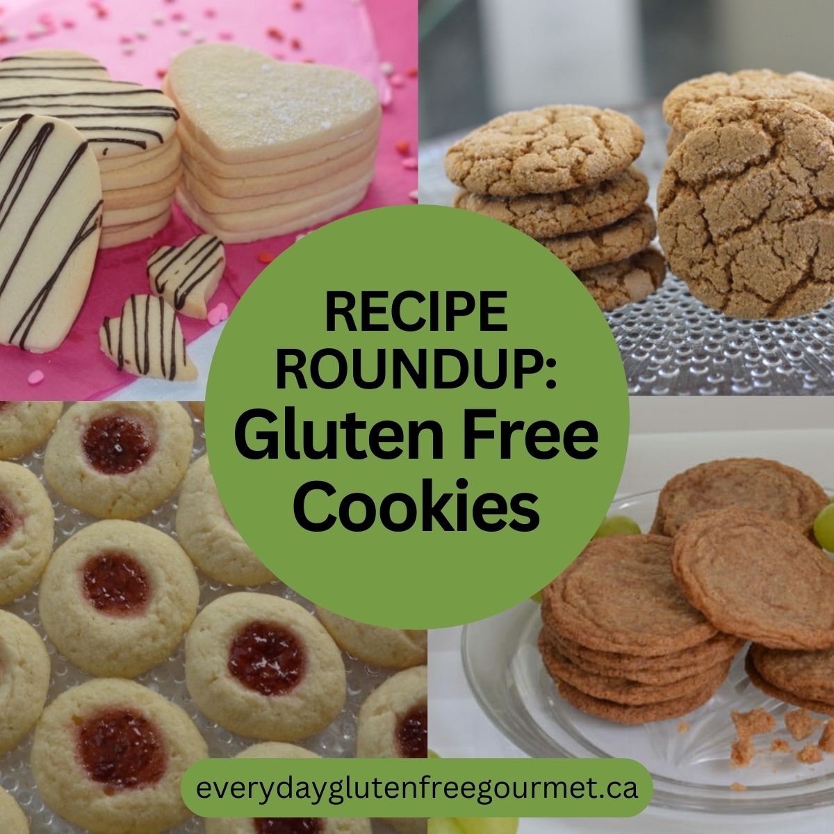 Four Gluten Free Cookies; sugar cookies, molasses ginger cookies, thumbprint cookies and snickerdoodles.