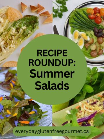 Four pictures from a Recipe Roundup of Summer Salads: grilled romaine lettuce, greens with edible flower blossoms, Vietnamese Cabbage Chicken Salad and Salad Nicoise.