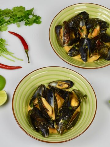 Thai Coconut Mussels with red curry paste and cilantro