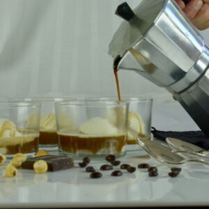 Affogato is a simple dessert that doesn’t require a recipe. Espresso poured over coffee with a little grated chocolate and hazelnuts for good measure.