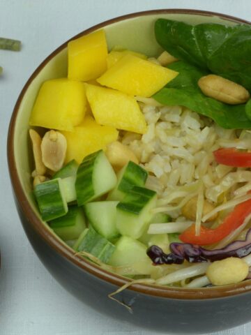 A bowl filled with brown rice, cucumber, spinach, cabbage slaw, mango and roasted peanuts; with peanut dressing on the side.