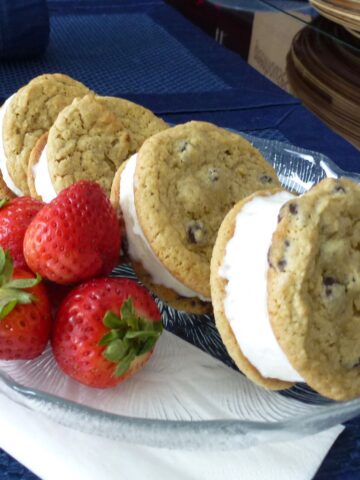 A plate of gluten free chocolate chip cookie ice cream sandwiches