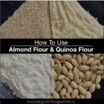 A plate divided in four showing whole almonds, almond flour, quinoa seeds and quinoa flour.