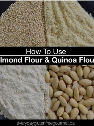 A black plate divided in four showing whole almonds, almond flour, quinoa seeds and quinoa flour.