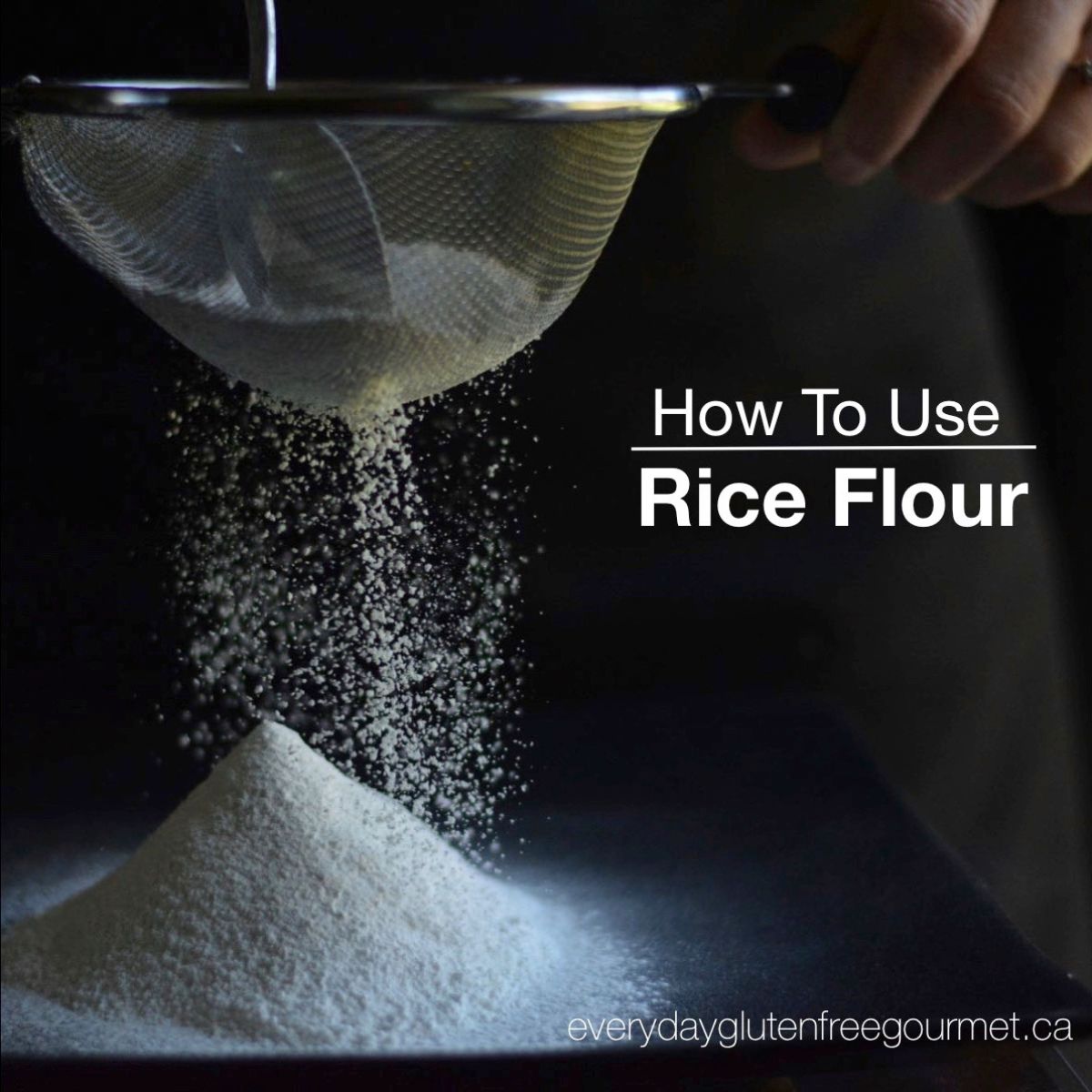 A sifter with rice flour coming out of it onto a pile of flour below.