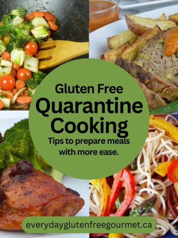 4 Easy recipes for Gluten Free Quarantine Cooking; a vegetable stir fry, meat loaf, a saucy oven-baked chicken and Pasta with Pesto Sauce.