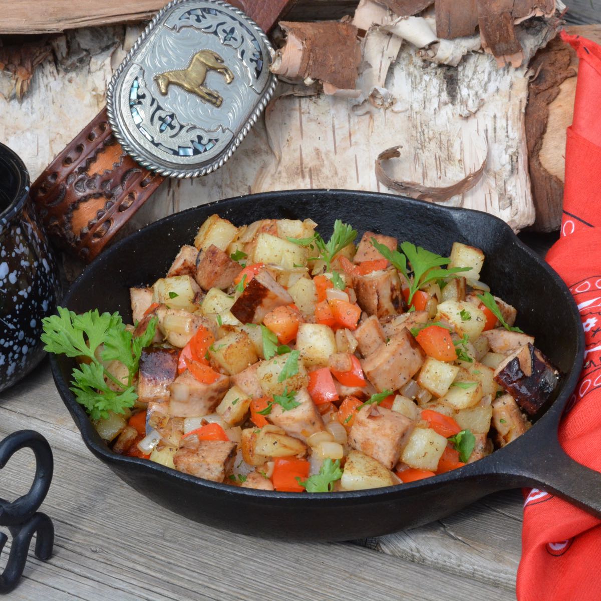 Sausage Breakfast Hash in a cast iron skillet.
