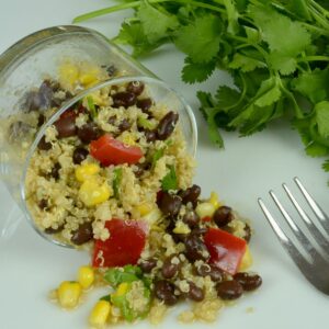 A small dish with Southwestern Quinoa Salad spilling out of it and a bunch of cilantro beside it.