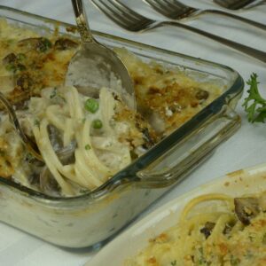 Turkey Tetrazzini casserole with peas, mushrooms and a Parmesan-crumb topping.