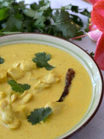 A bowl of Thai Yellow Chicken Curry made with gluten free coconut milk; garnished with fresh cilantro.