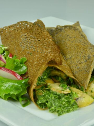 Savoury Buckwheat Crepes filled with spinach and mushrooms.