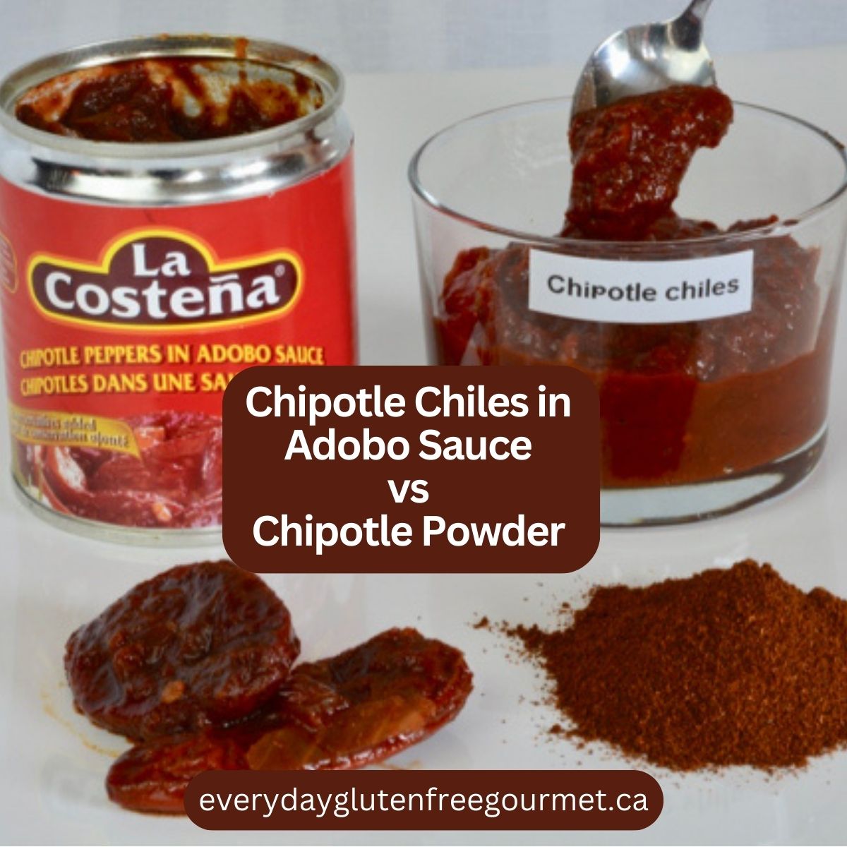 A small tin of gluten free Chipotle Chiles in Adobo Sauce with some removed into a dish, all beside a pile of Chipotle Powder.