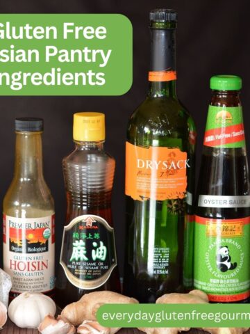Bottles of Gluten Free Asian Pantry ingredients for basic Chinese and fusion cooking.