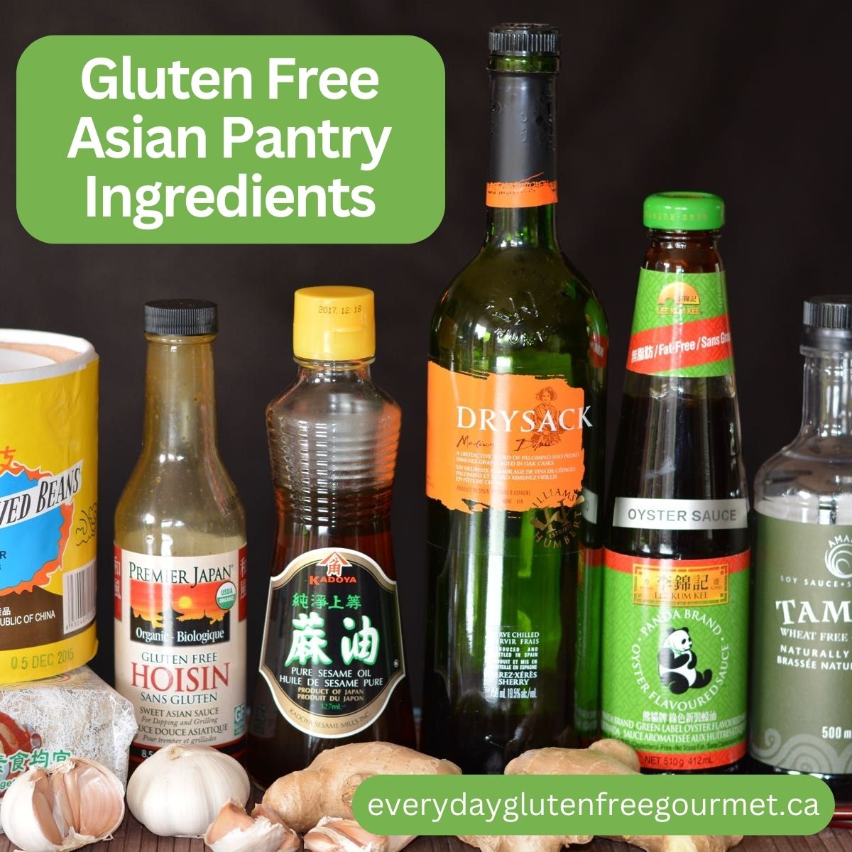 Bottles of Gluten Free Asian Pantry ingredients for Chinese and fusion cooking.