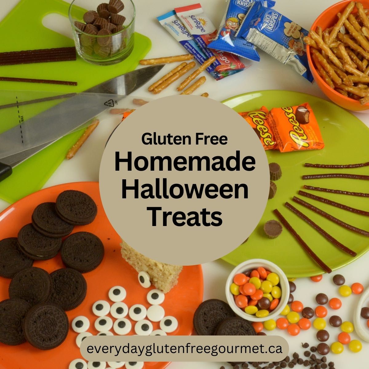 Green and orange plates with Oreo cookies, pretzels, googly eyes and m&m's to make homemade Halloween treats.