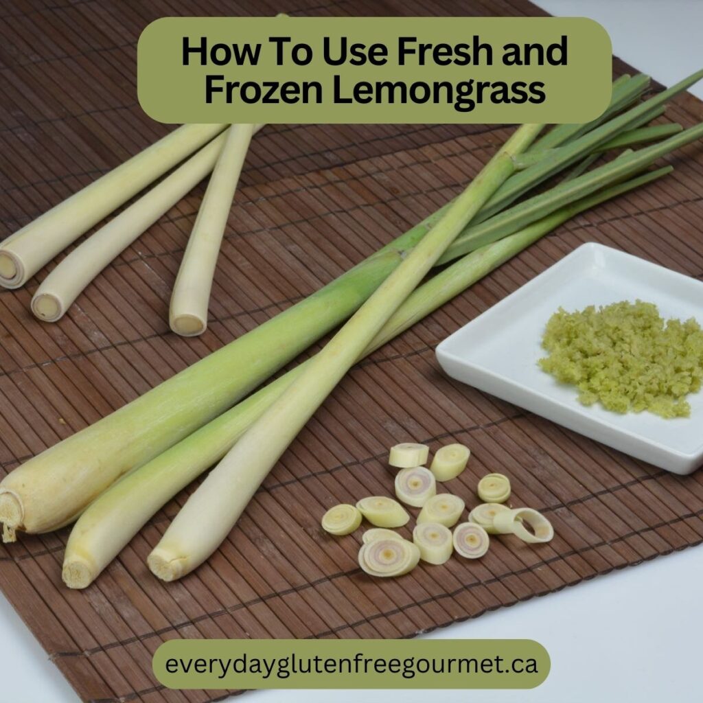 A bamboo placemat with stalks of fresh lemongrass with some cut pieces and some pre-cut frozen lemongrass.
