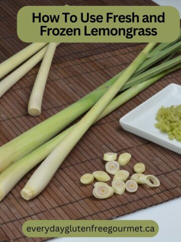 A bamboo placemat with stalks of fresh lemongrass with some cut pieces and some pre-cut frozen lemongrass.