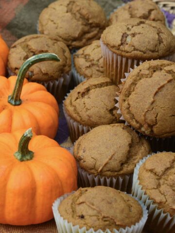 A basket of gluten free Pumpkin Ginger Muffins beside orange mini pumpkins.