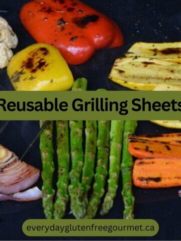 A Reusable Grilling Sheet covered with cooked vegetables with grill marks.
