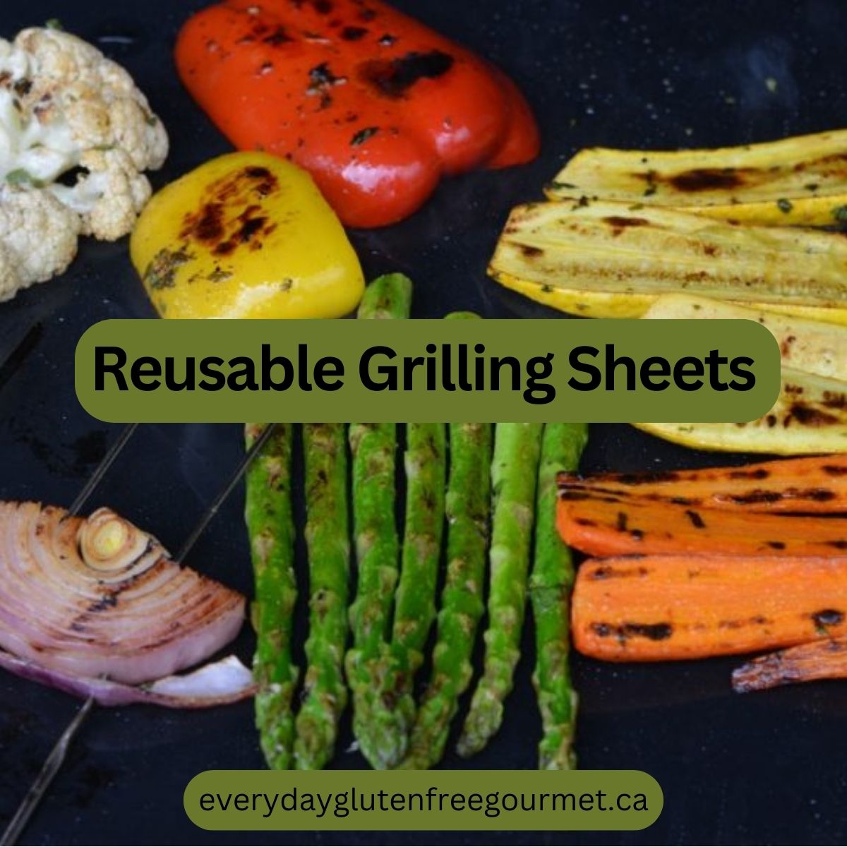 A Reusable Grilling Sheet covered with cooked vegetables with grill marks.