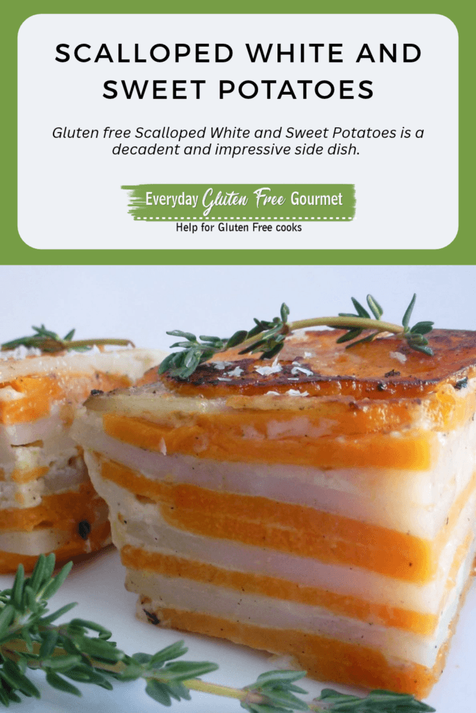 Square pieces of Scalloped White and Sweet Potatoes.