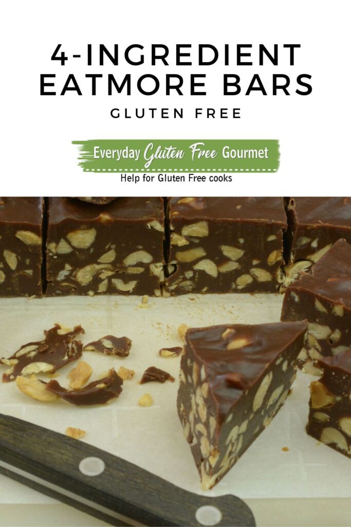 A cutting board with thick, homemade Eatmore Bars ready to eat or pack up for giving.