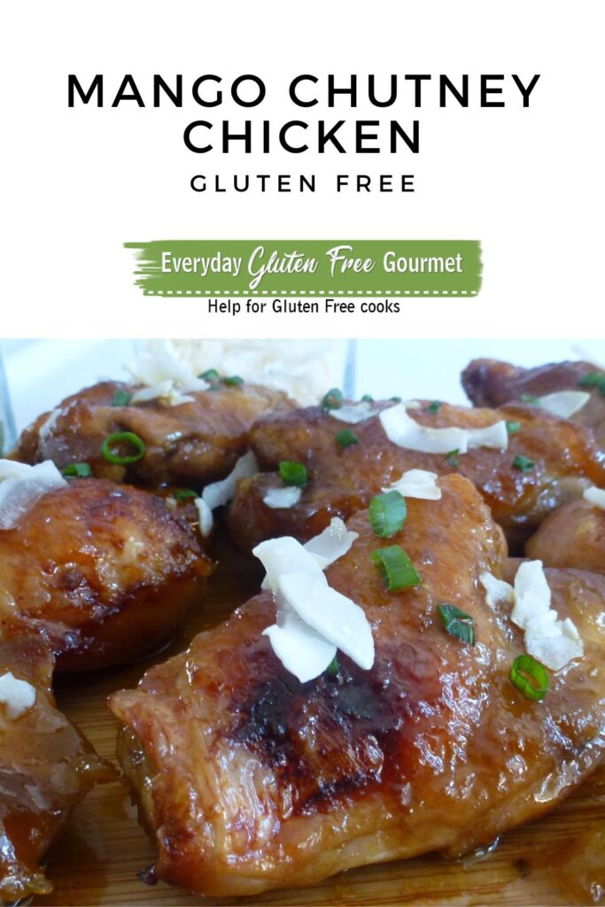 Chicken thighs covered in mango chutney sauce sprinkled with coconut and green onion.