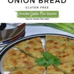 A plate of gluten free Chinese Onion Bread cut into wedges and garnished with cilantro.