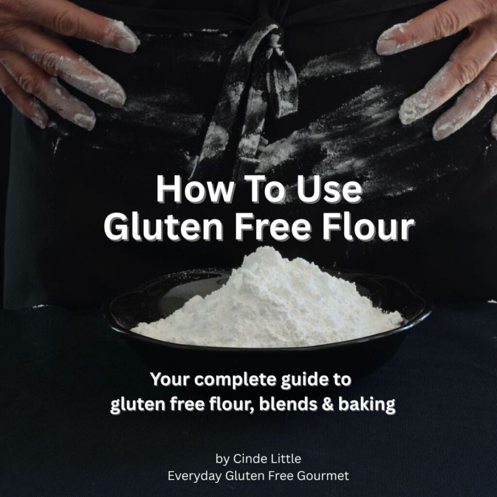 Flour being wiped on an apron with the ebook title, HOW TO USE GLUTEN FREE FLOUR.