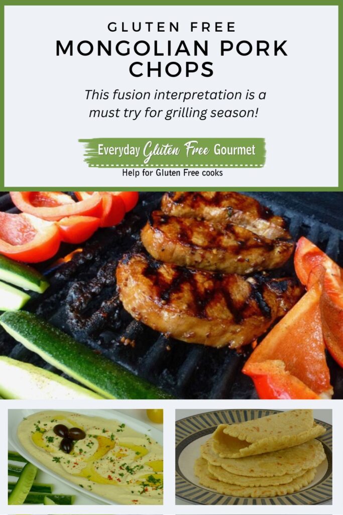 Mongolian Pork Chops on the grill with red pepper pieces and zucchini wedges around them. Plus hummus and chickpea wraps to go with it.