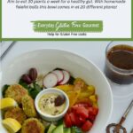 A bowl with rice, falafel balls, hummus, chopped cucumber, roasted peppers, radish, olives and spinach. There is a bowl of pomegranate dressing on the side.