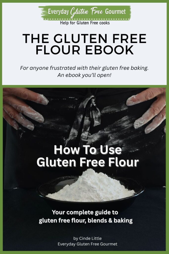 Flour being wiped on an apron with the ebook title, HOW TO USE GLUTEN FREE FLOUR.