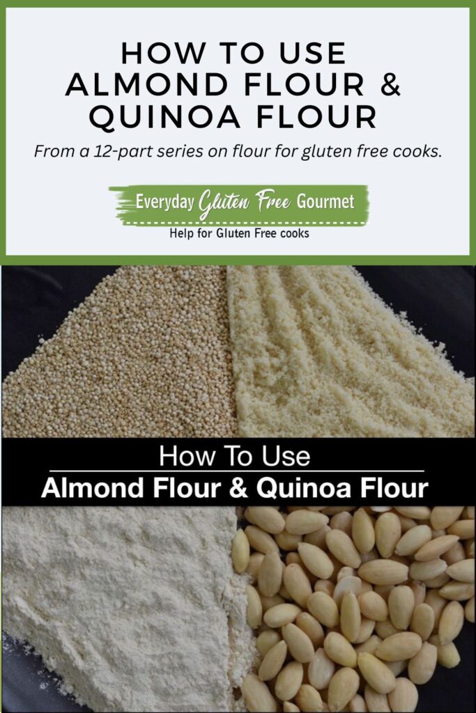 A plate showing four ingredients; whole almonds, almond flour, quinoa seeds and quinoa flour.