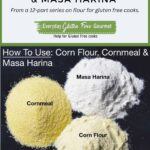 Three piles of flour in shades of yellow; cornmeal, corn flour and masa harina.