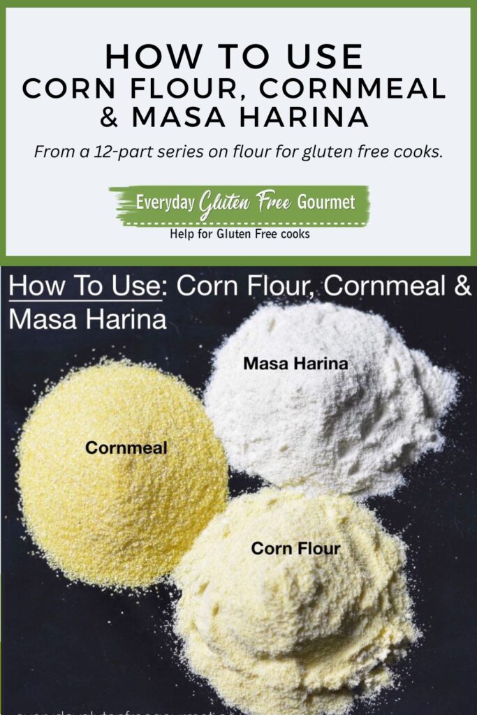 Three piles of flour in shades of yellow; cornmeal, corn flour and masa harina.