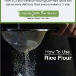 A hand holding a sifter with rice flour coming out onto a pile of flour below.