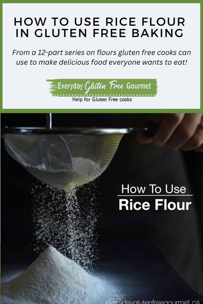 A hand holding a sifter with rice flour coming out onto a pile of flour below.