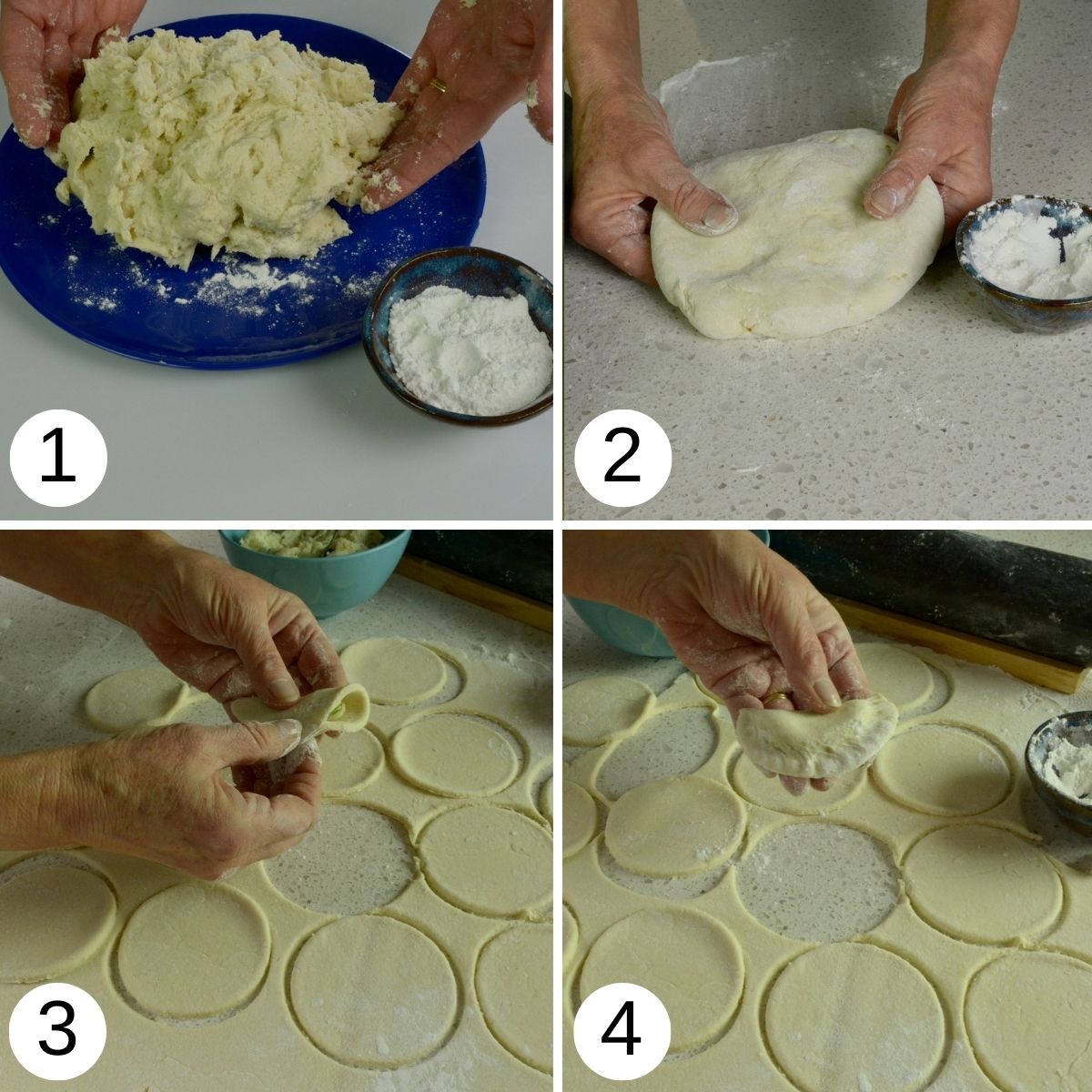 Four images with the different steps; a sticky dough, a smooth dough ready to roll, the two with rolled out dough and circles stamped in it. The first showing how to pinch a perogy closed, the second showing a finished perogy.