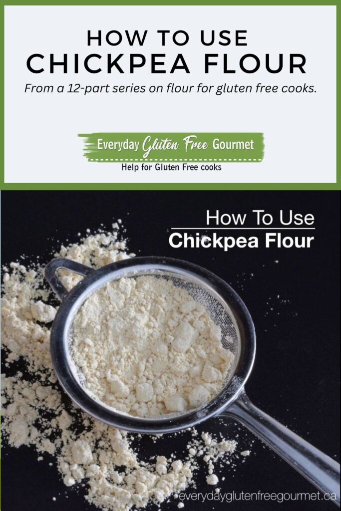 A small strainer filled with chickpea flour with some sifted flour around it.