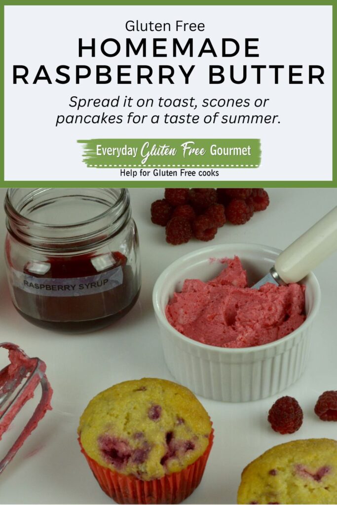A dish of freshly whipped Raspberry Butter with raspberry syrup and cornmeal muffins beside it.