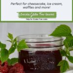 A Mason jar of an easy homemade Raspberry Sauce surrounded by raspberry branches and fresh berries with a ladle to serve it.