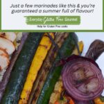 A plate of Balsamic Marinated Grilled Vegetables including green and yellow zucchini, eggplant, peppers and red onion.