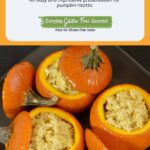 Sugar pumpkins filled with pumpkin risotto served on a black platter.