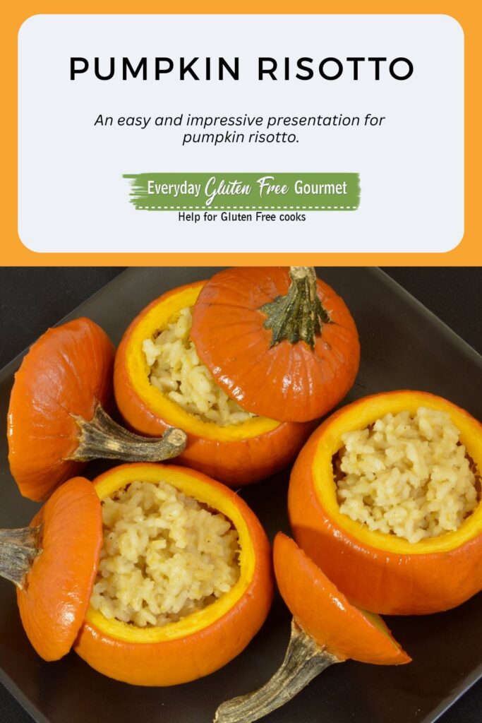 Sugar pumpkins filled with pumpkin risotto served on a black platter.