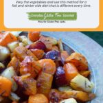 A serving dish of naturally gluten free roasted root vegetables including carrots, potatoes, beets and turnips.