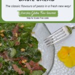 A Warm Spinach Basil Salad on a plate with pine nuts and frizzled prosciutto.