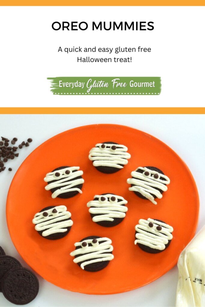 A plate of Oreo Mummies, an easy gluten free homemade Halloween treat.