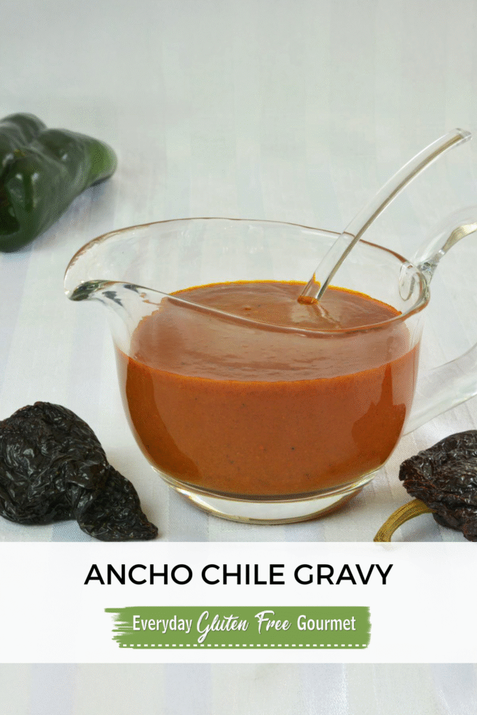 A gravy boat filled with Ancho Chile Gravy surrounded by fresh and dried chiles.